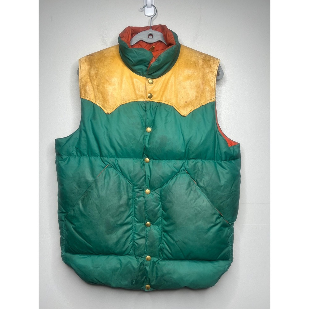 VTG 70s Rocky Mountain Featherbed Western Down Puffer Vest Leather Yoke Men's 44